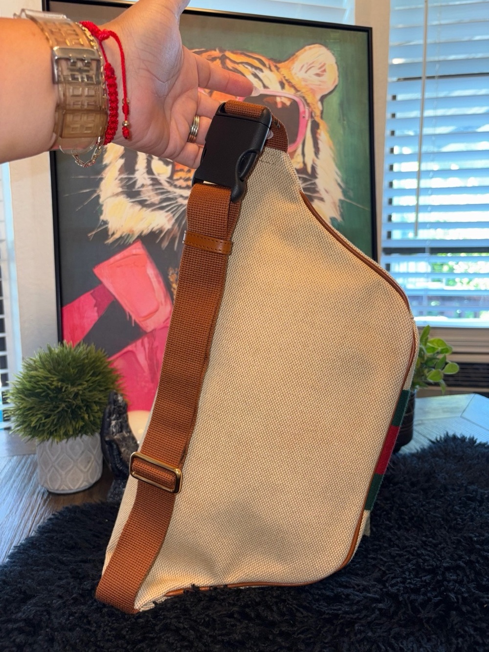 Gucci Beige Canvas Belt Bag with Green-Red Stripe - Picture 3 of 5